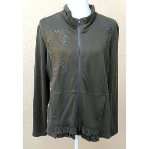 Picadilly Womens Jacket Large Dark Green Zip Beaded Embroidered Ruffle Pockets